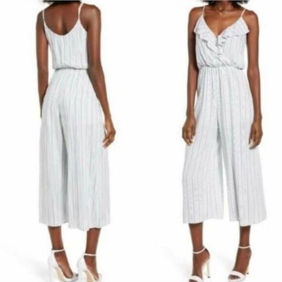 NWT All in Favor Striped Ruffle Front Wide Leg Jumpsuit - Picture 1 of 7